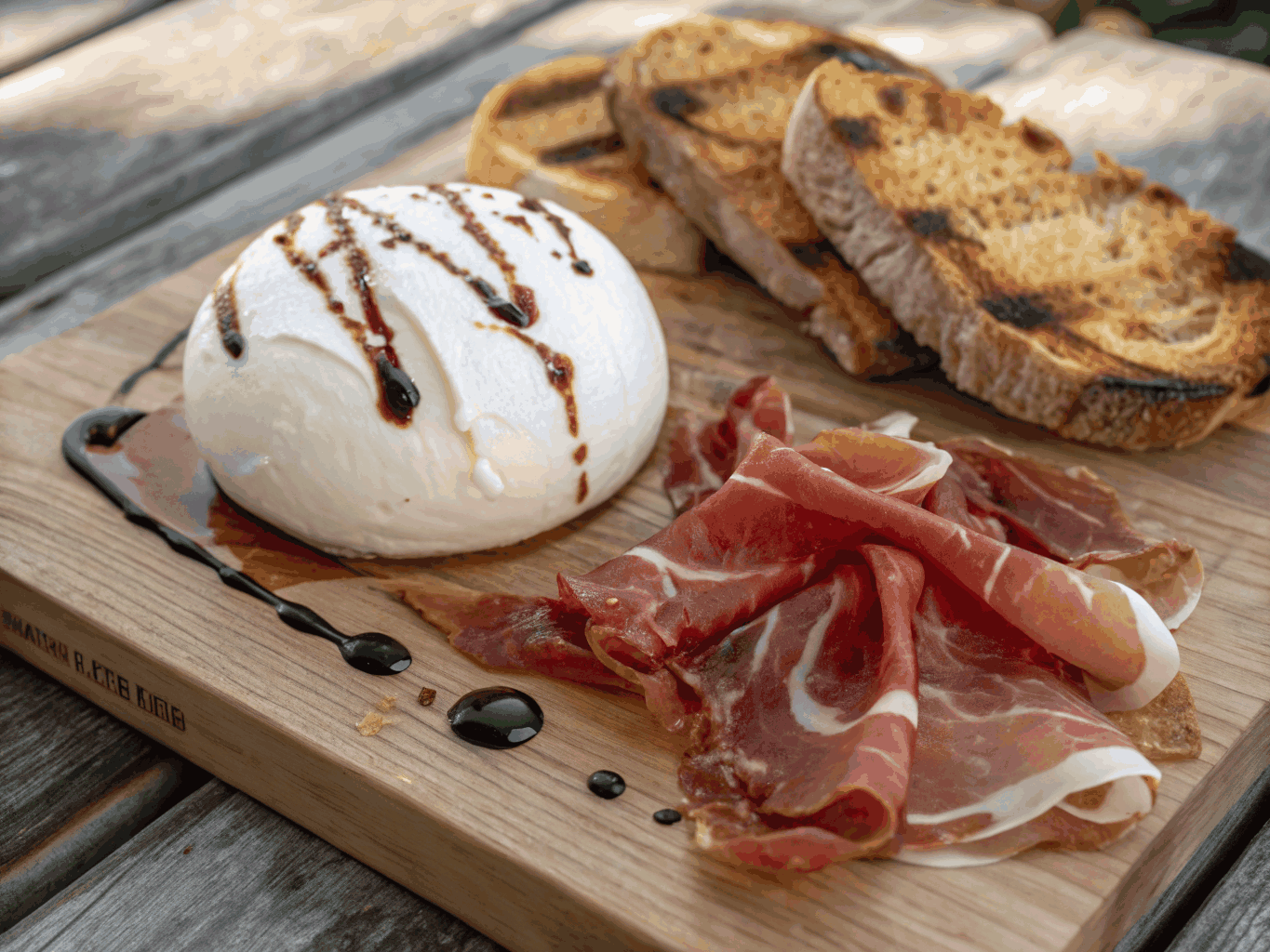 Creamy burrata plate with Parma prosciutto and tomatoes