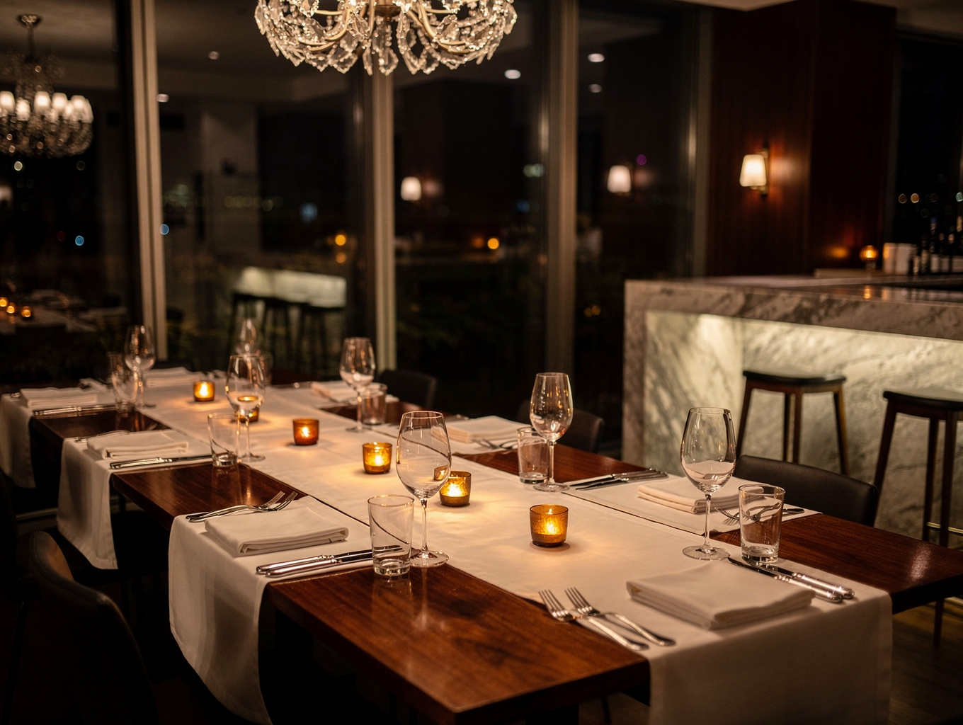 Warm candlelit restaurant dining room with elegant table arrangements