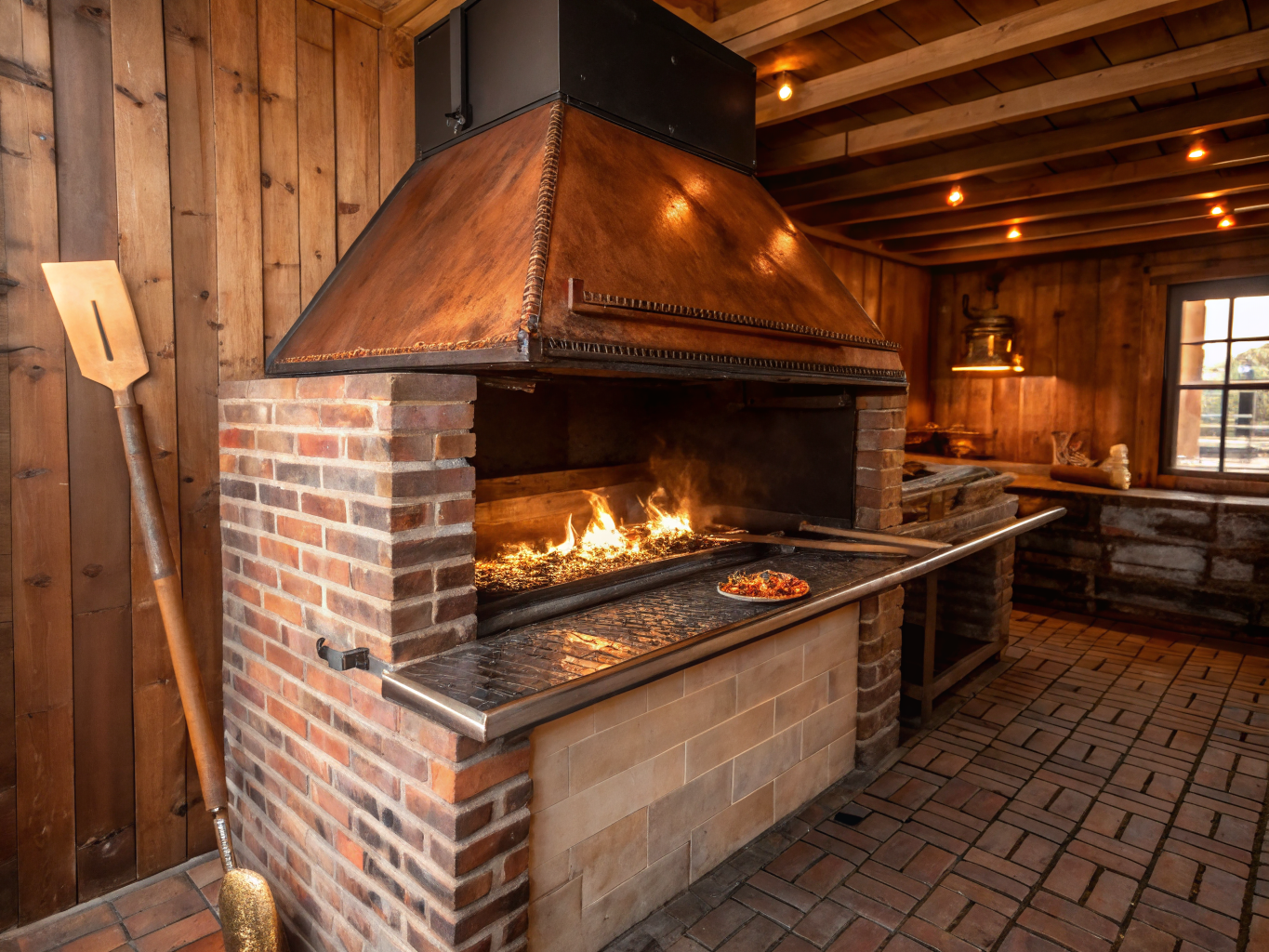 Live flames and glowing embers inside the restaurant wood-fired grill