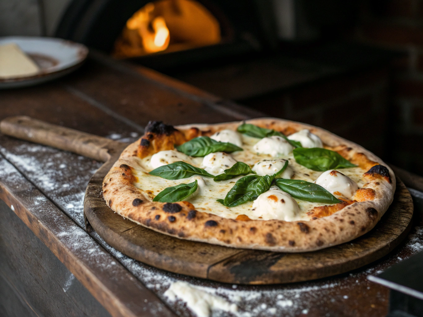 Neapolitan wood-fired pizza Margherita with fresh basil
