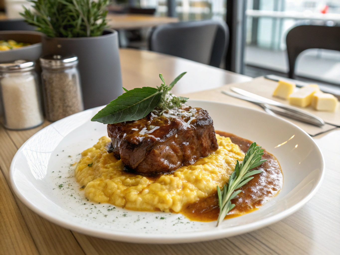 Tender braised veal shank served with vibrant green gremolata garnish
