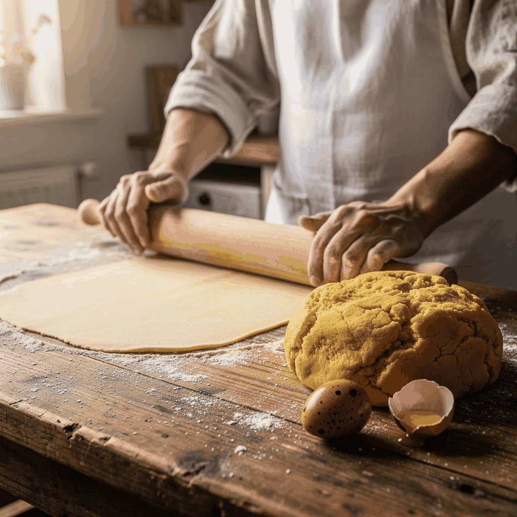 Chef handcrafting fresh pasta with organic flour