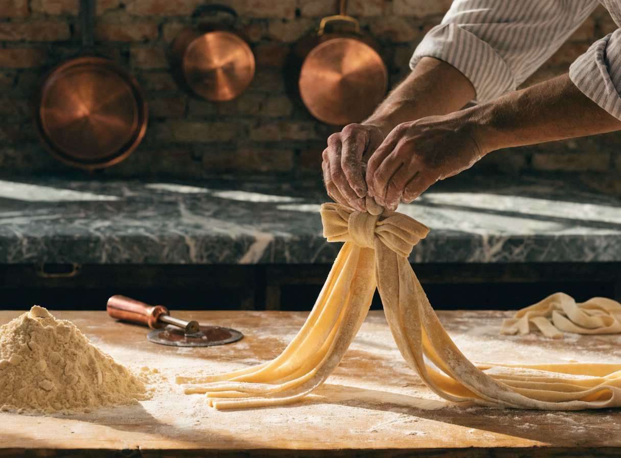 Chef hands shaping fresh tagliatelle on a wooden flour-dusted surface