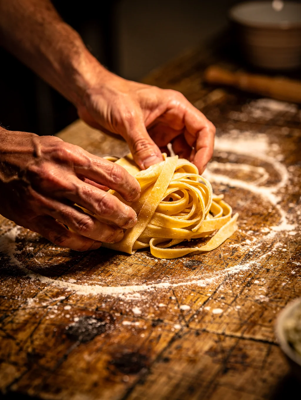 Chef hand-shaping fresh tagliatelle in our open kitchen