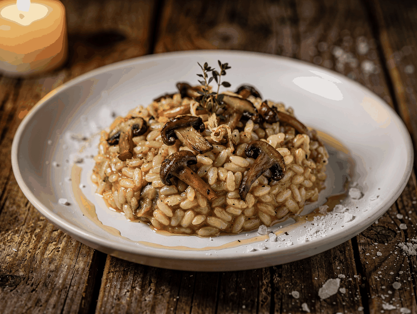 Creamy mushroom risotto served in a shallow bowl with truffle shavings