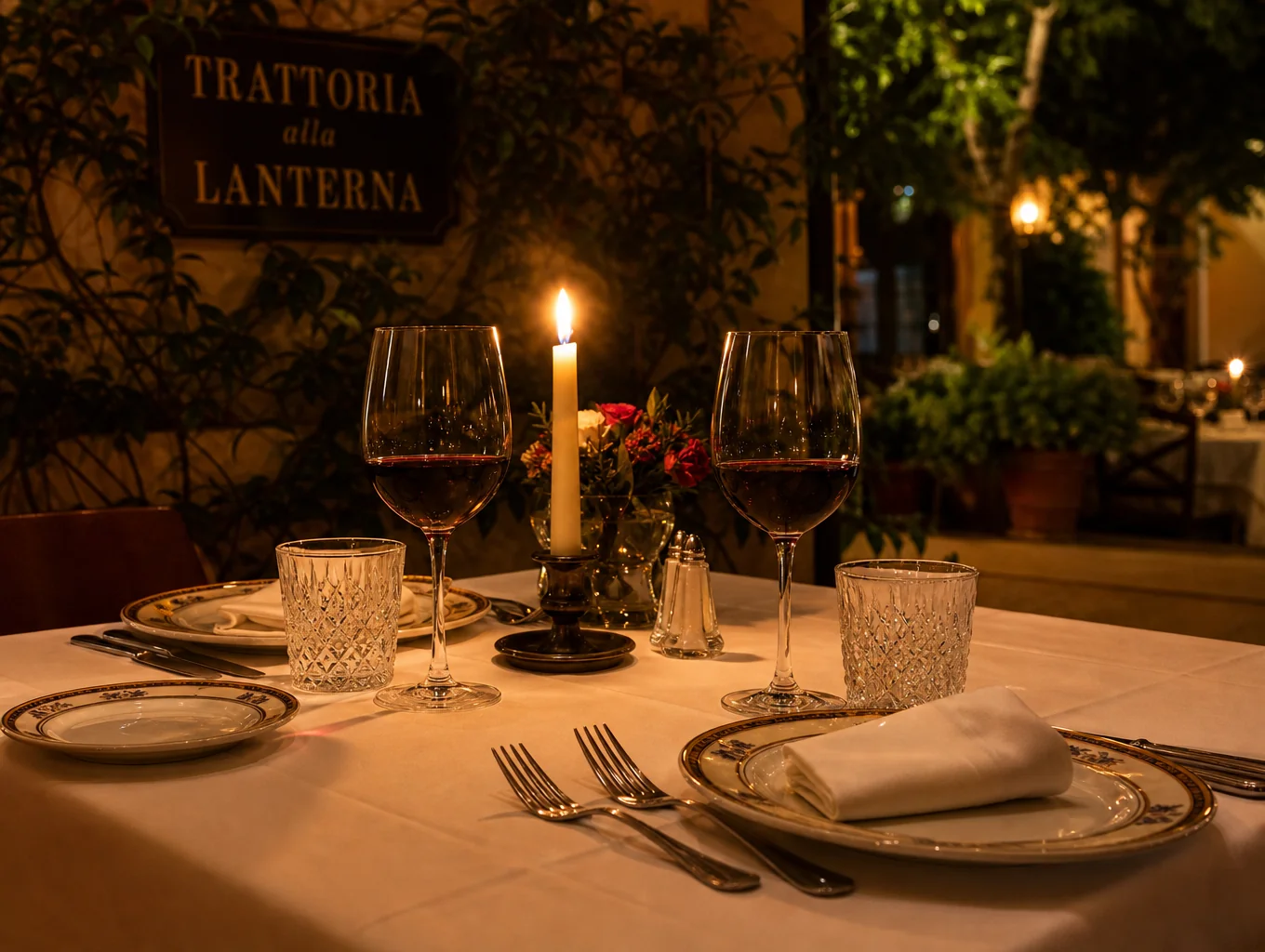 Candlelit table set with Italian glassware and wine