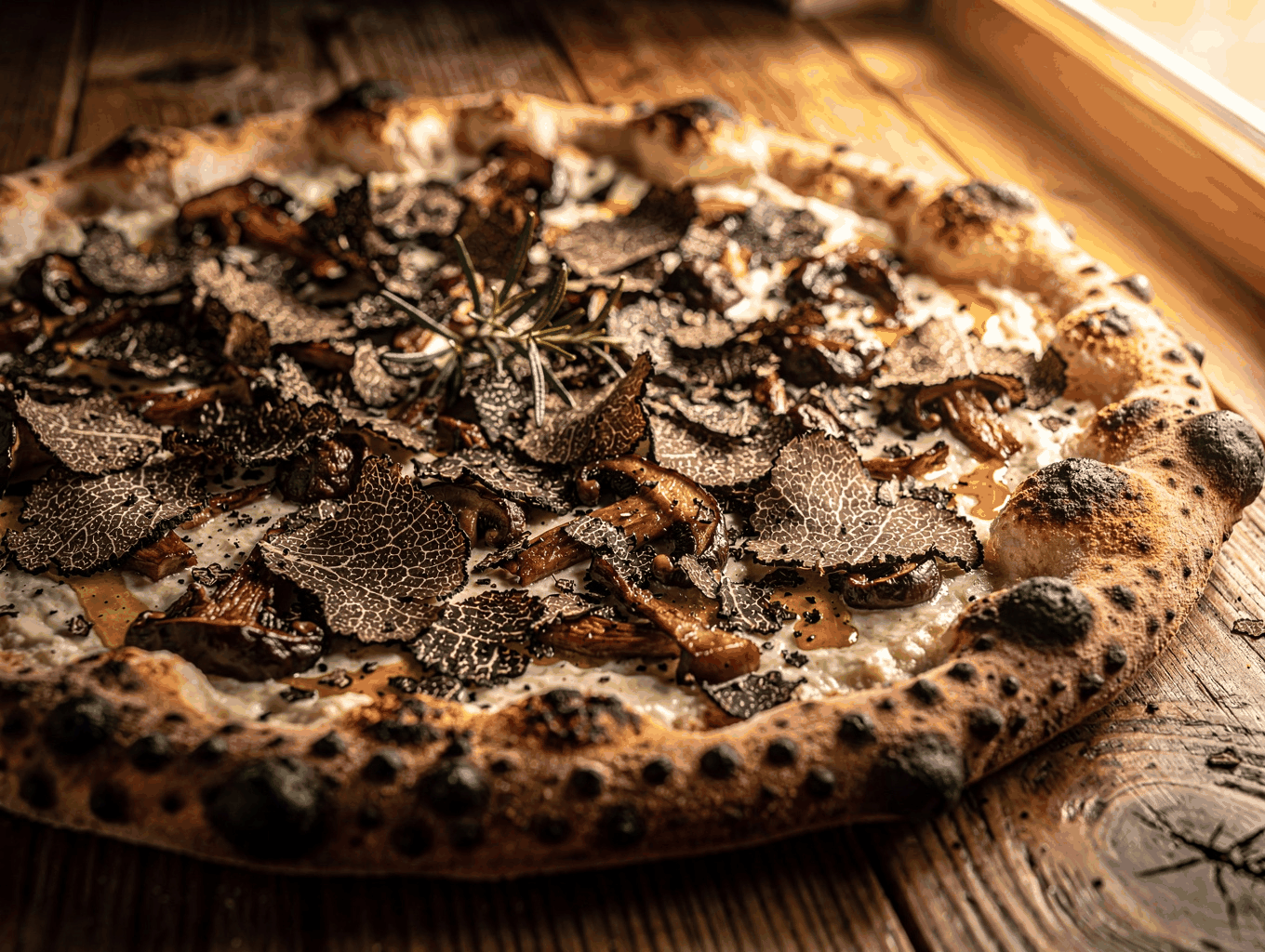 Wood-fired white pizza with truffle crema and mushrooms