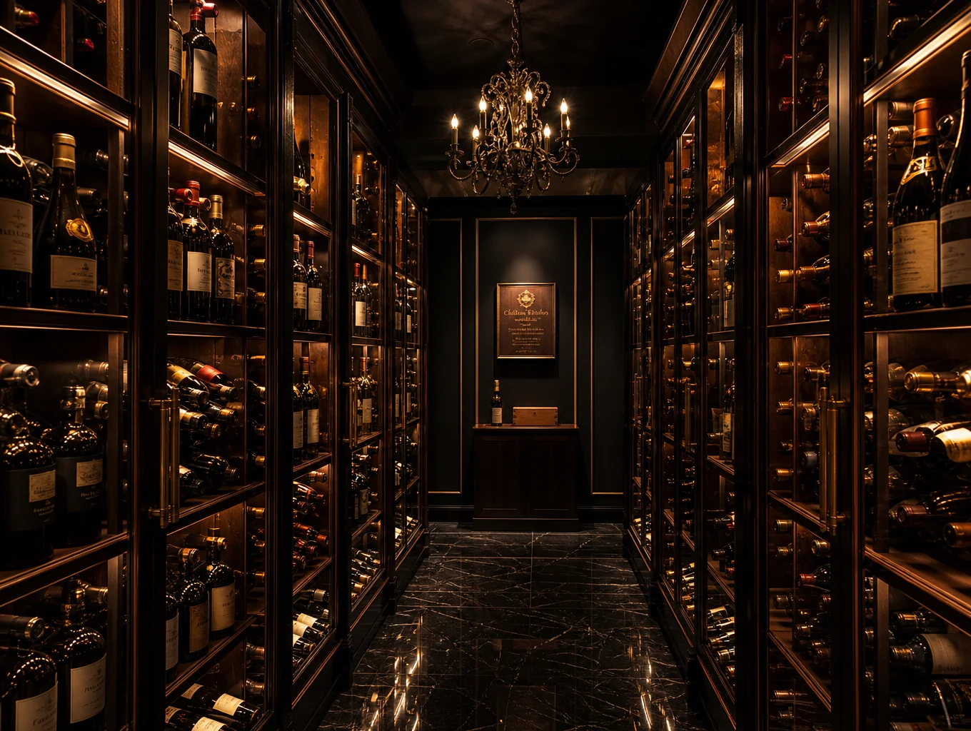 Elegant wine cellar shelves filled with premium Italian vintage bottles