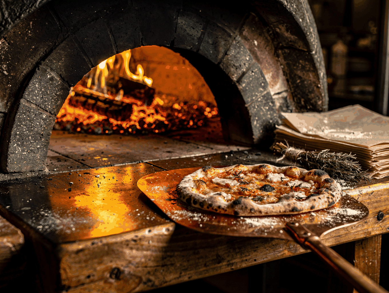 Traditional wood-fired oven glowing with evening embers